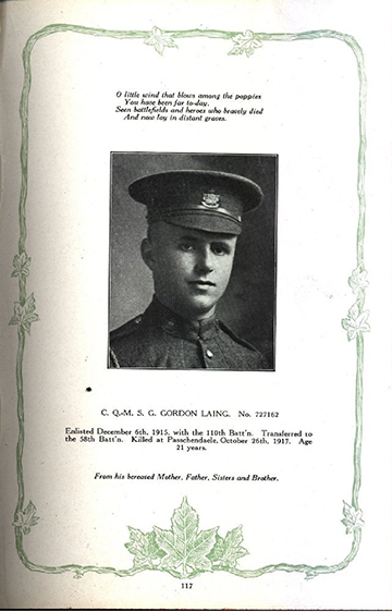 Photograph of a page in a book showing the portrait of a soldier wearing peak hat. There are writtings on top and at the bottom, the edges are decorated with a vine and maple leaves.