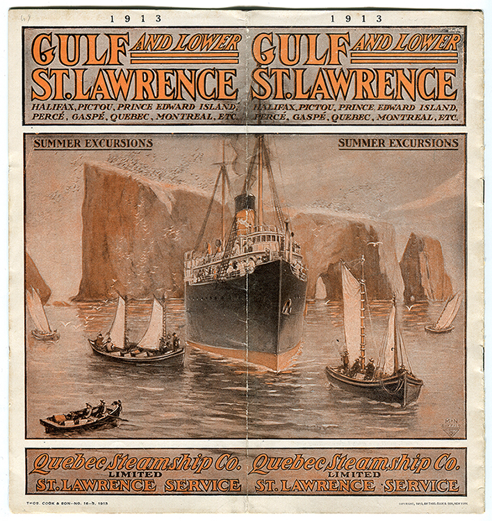 Cette brochure du Québec Steamship Co. est illustrée par une scène maritime. On aperçoit un navire à vapeur et quelque petite embarcation à voile en approche de la côte, au-devant du Rocher Percé. 