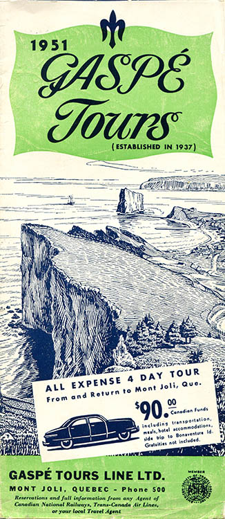 La couverture du pamphlet touristique de la Gaspésie de 1951 présente une gravure de la vue du rocher Percé à partir de la côte. Il fait la promotion du tour de la Gaspésie en 4 jours pour 90$ de Mont-Joli à Mont-Joli. 