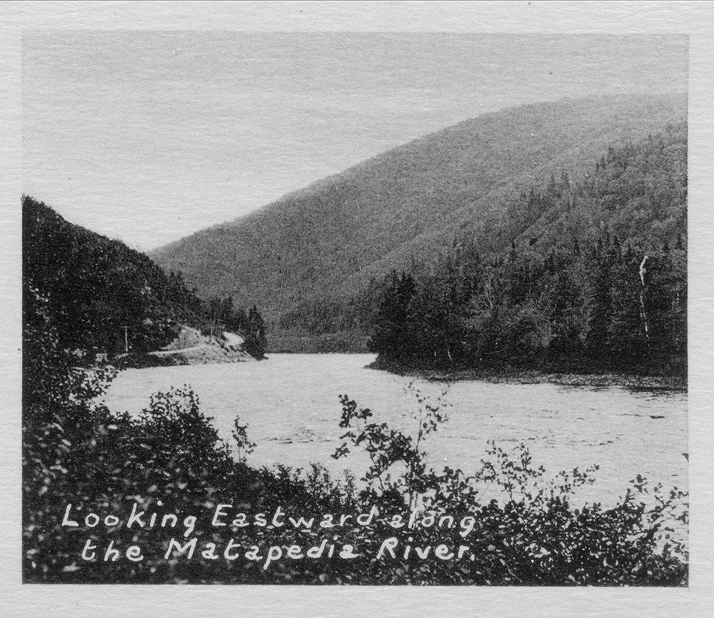 Photographie noir et blanc de la rivière Matapédia qui traverse la Vallée de la Matapédia en serpentant entre des montagnes de conifères. 