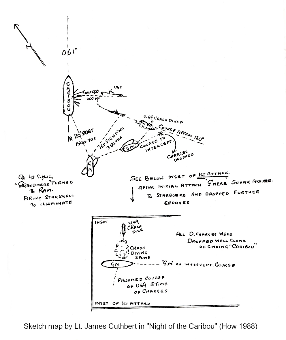 Croquis cartographique des deux navires et du sous-marin