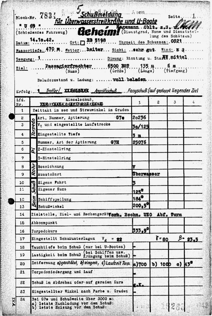 Rapport de tir de torpille du U-69 (en allemand)