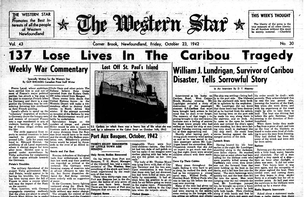 Titre du journal Western Star La tragédie du Caribou