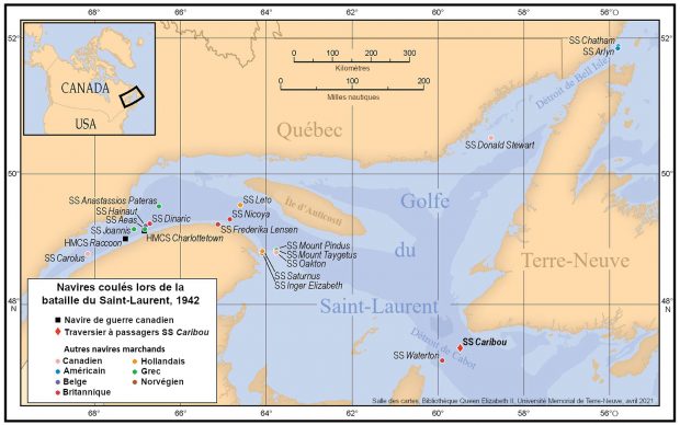 Carte du golfe du Saint-Laurent montrant les navires alliés coulés par les U-boot en 1942