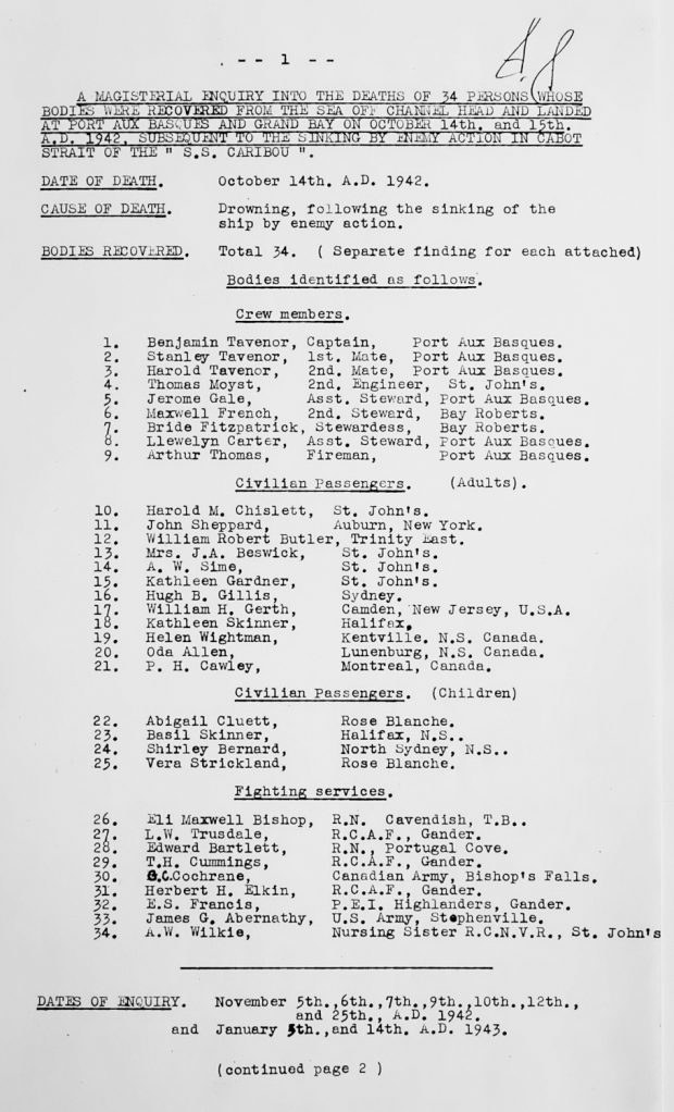 Liste dactylographiée des noms des 34 corps récupérés suite au naufrage du S.S. Caribou