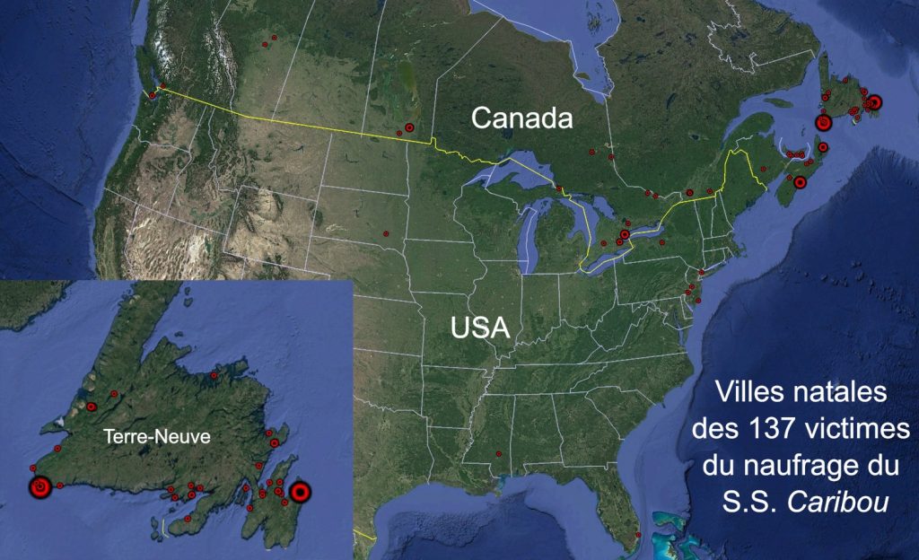 Carte montrant les villes natales des victimes du naufrage du S.S. Caribou partout en Amérique du Nord
