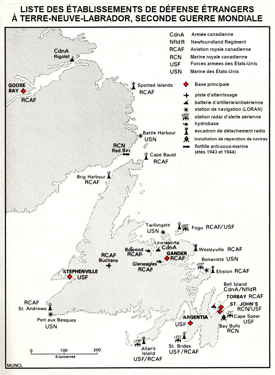 Carte de Terre-Neuve-et-Labrador montrant les bases militaires durant la Seconde Guerre mondiale