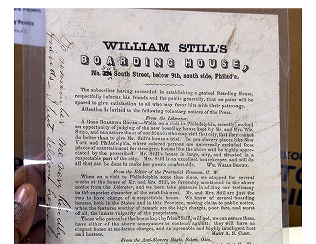 Document publicitaire historique pour la pension de William Still au No. 31 South Street, Philadelphie, avec témoignages d'éditeurs de journaux.