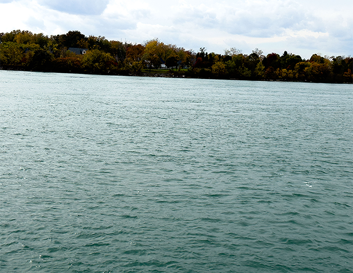 Gros plan sur la rivière Détroit à Amherstburg, avec l’eau calme au premier plan et une rive bordée d’arbres d’automne au loin sous un ciel nuageux. Photo de Blessing Ogunyemi.