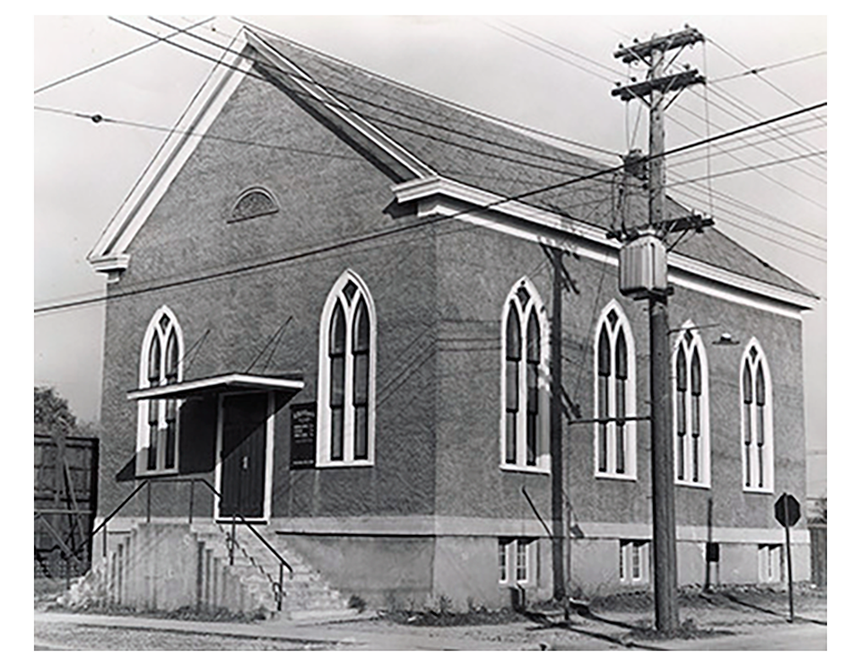 Photographie en noir et blanc de l’église historique Salem Chapel British Methodist Episcopal (BME) à St. Catharines.