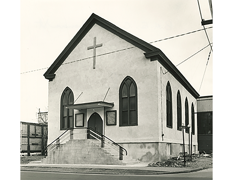 Photographie en noir et blanc de l’église historique Salem Chapel British Methodist Episcopal (BME) à St. Catharines.