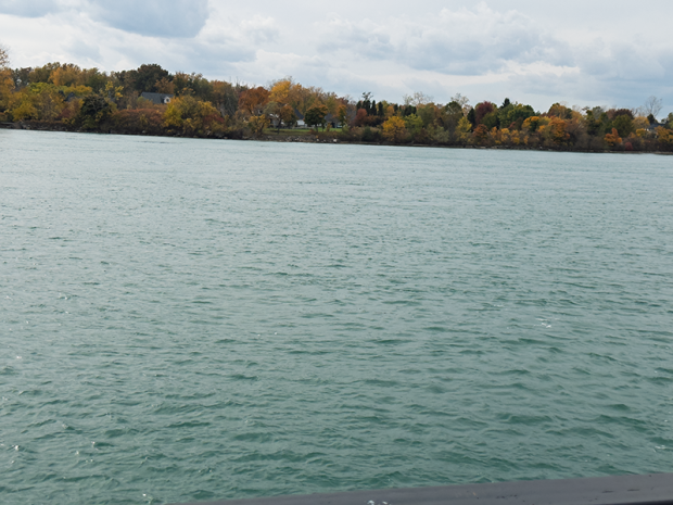 Gros plan sur la rivière Détroit à Amherstburg, avec l’eau calme au premier plan et une rive bordée d’arbres d’automne au loin sous un ciel nuageux. Photo de Blessing Ogunyemi.