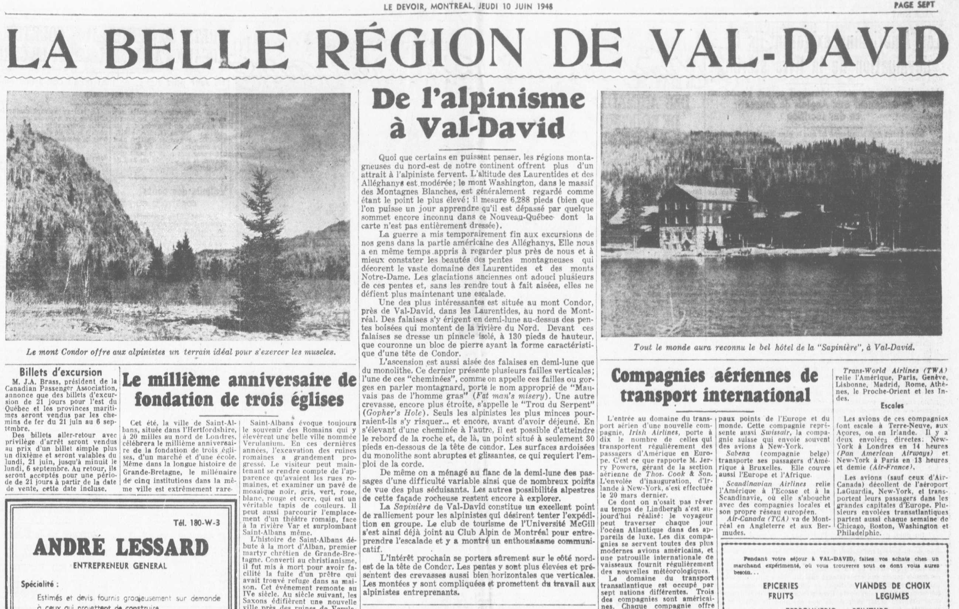 Extrait du journal Le Devoir de 1947, parlant de l’industrie du tourisme à Val-David illustré de deux paysages de la région.