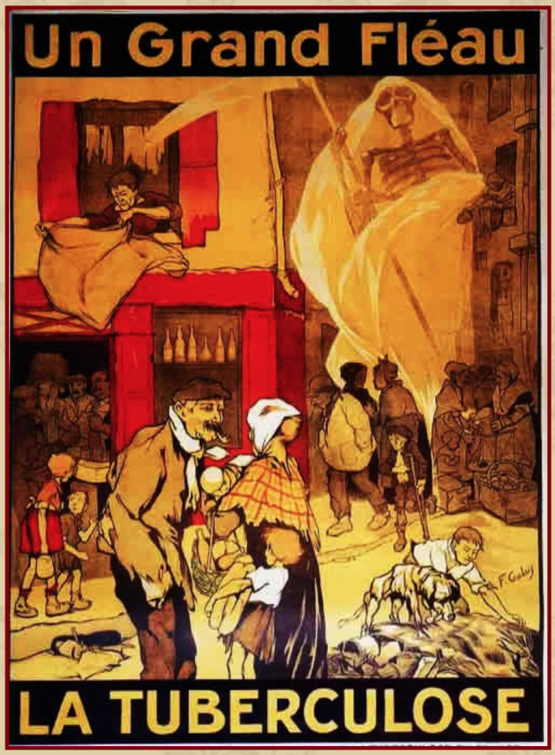 Affiche antituberculeuse couleur montrant des personnes pauvres, même des enfants, menacées par un squelette muni d’une cape et d’une faux.