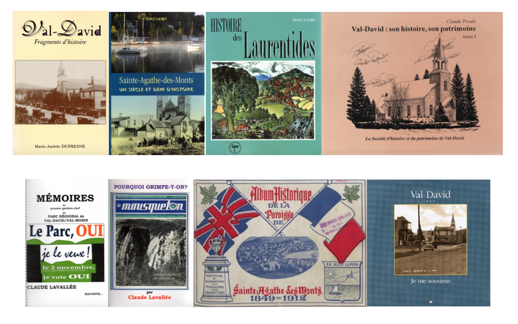 Montage de huit couvertures de livres concernant l’histoire de Val-David et sa région.