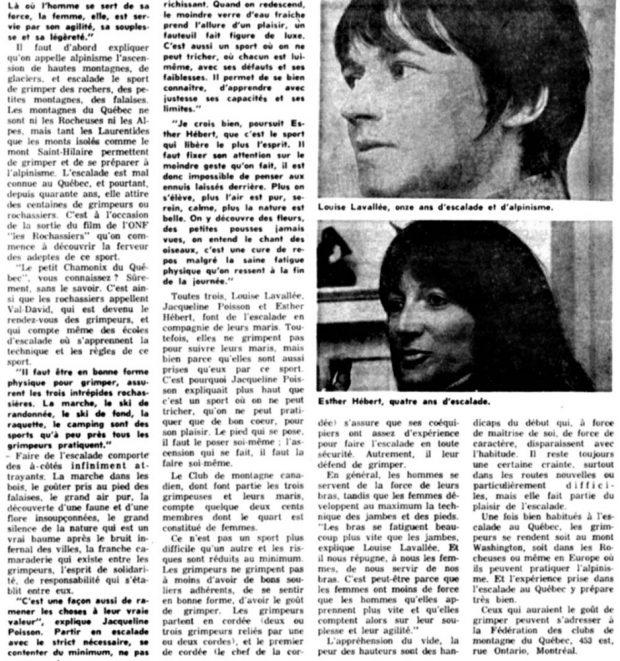Article de journal parlant des femmes dans l’escalade au Québec et illustré de deux portraits de femmes en gros plan.