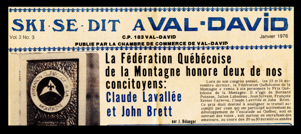Grand titre du Ski-se-dit, journal local de Val-David, signalant que la Fédération Québécoise de la Montagne honore deux acteurs influents de l’escalade au Québec, Claude Lavallée et John Brett.