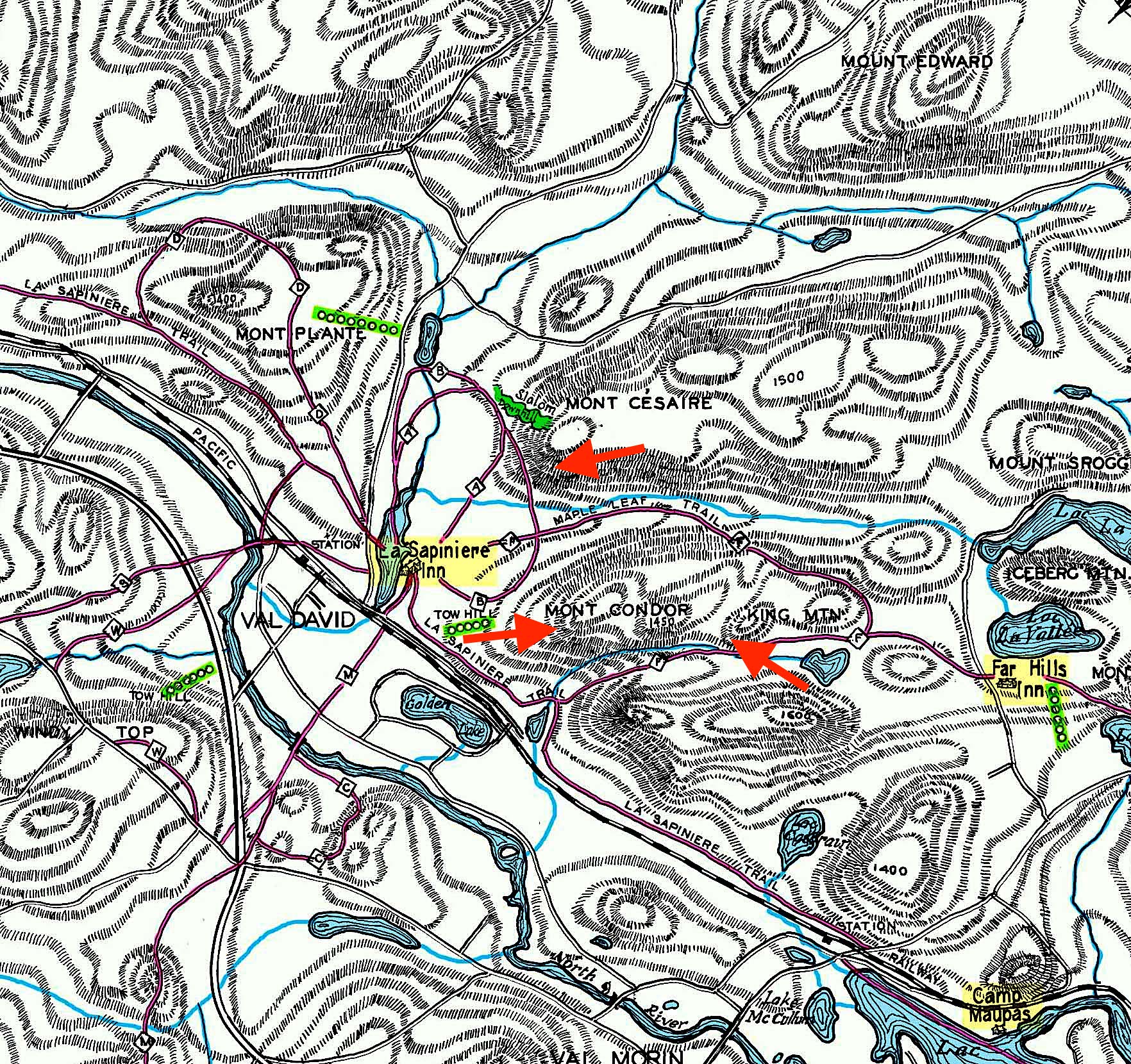 Carte de la région de Val-David et de Val-Morin montrant les dénivelés, les sentiers et les différents endroits où l’escalade se pratiquait sur ce territoire.