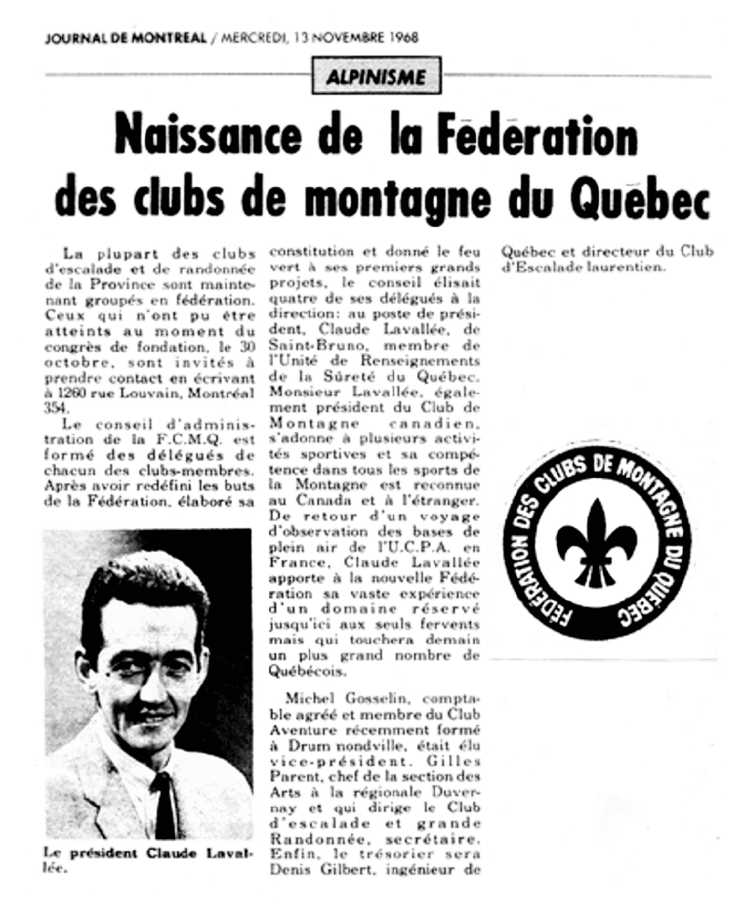 Extrait du Journal de Montréal qui annonce la création de la Fédération des clubs de Montagne du Québec, illustré d’une photo et d’un écusson.