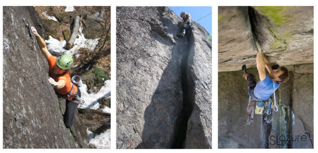 Montage de trois photographies couleurs montrant trois types d’escalade.