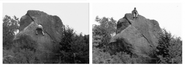 Montage de deux photos en noir et blanc, côte-à-côte, v vue d’un homme qui grimpe un gros bloc de roche et vue du même homme assis en haut du rocher.