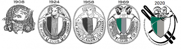 Montage de tous les logos du Canadian Alpine Club, depuis leur début à aujourd’hui, avec, comme symboles principaux, une chèvre de montagne et une coupe.