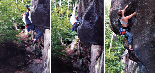 Triptyque de plans rapprochés d’une jeune femme accrochée par ses pieds et ses mains effectuant des mouvements d’escalade sur un rocher.
