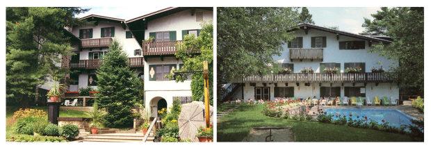 Montage de deux images de l’ancienne Auberge Le Rouet, un bâtiment de type chalet Suisse.