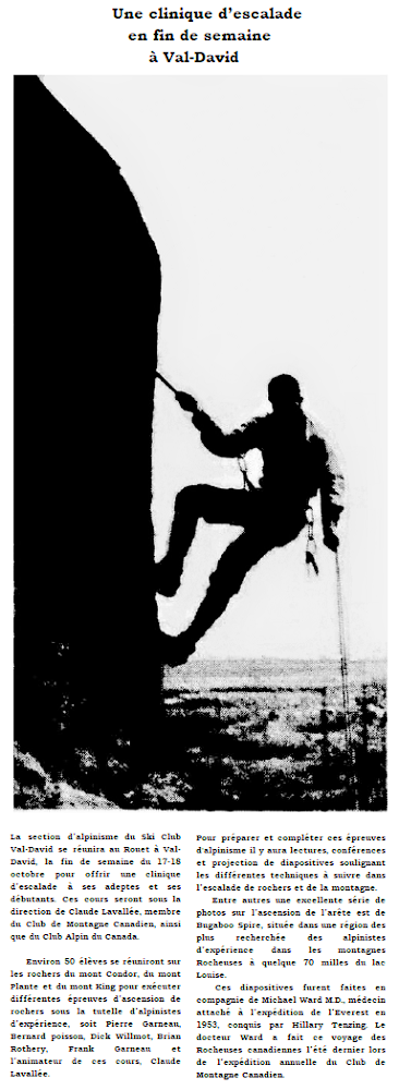 Publicité en noir et blanc d’un grimpeur qui descend avec une corde; en arrière-plan le ciel et l’horizon accompagnée de textes explicatifs.