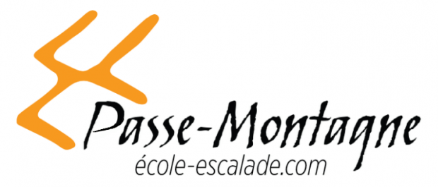 Logo orange et noir de l’école d’escalade de la municipalité de Val-David  sur lequel est inscrit Passe-Montagne école-escalade.com.