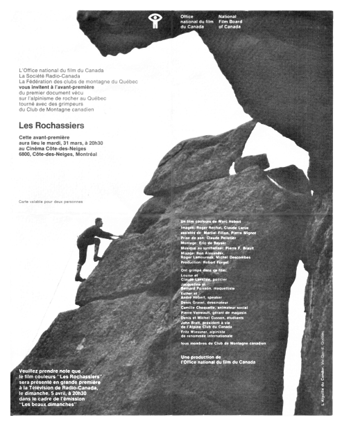 Page publicitaire noir et blanc de la Fédération Québécoise de la Montagne; un homme grimpe l’Aiguille du mont Condor accompagné d'un court texte explicatif. 