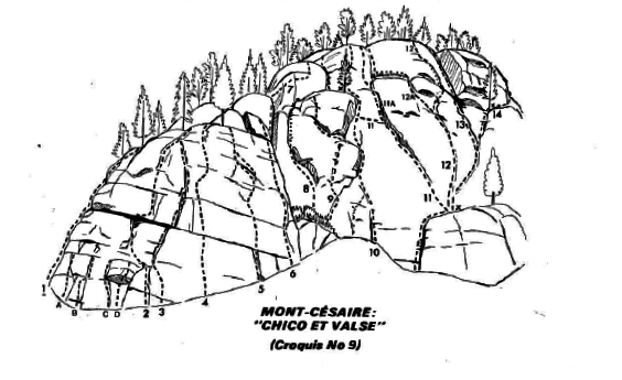 Une page d’un livre guide d’escalade où l’on distingue le dessin d’une paroi rocheuse avec différents itinéraires tracés pour se rendre au sommet.