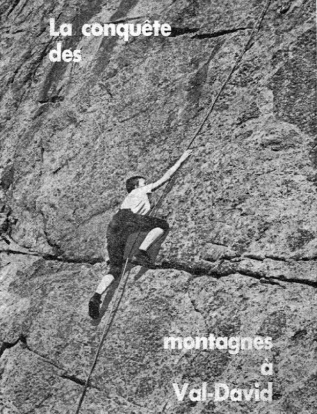 Affiche promotionnelle, en noir et blanc, de la fédération de montagne du Québec montrant une femme en train de grimper sur une paroi inclinée avec l’inscription La conquête des montagnes à Val-David.