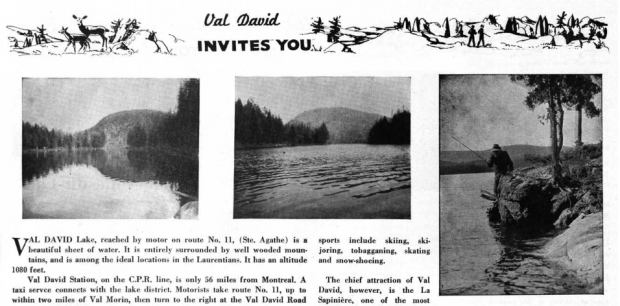 Extrait d’une brochure présentant Val-David avec quelques images de la nature et d’un lac.