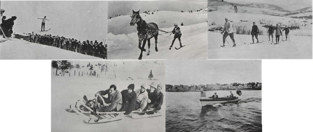 Montage de 5 photos de sport: le saut à ski, le ski-joering, le ski de fonds, le bobsleigh et le yachting.