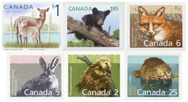 Montage de 6 timbres canadiens illustrant des mammifères de nos forêts.