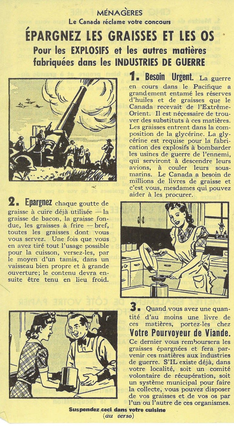 Une page en beige avec texte dactylographié en noir. En dessous du titre, le processus pour récupérer les graisses et les os est expliqué en trois étapes et trois images en noir et beige.