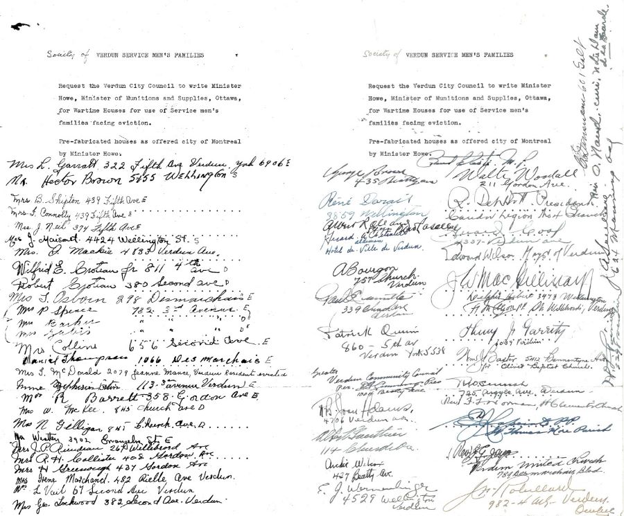 Reproduction d’une pétition envoyée au ministre des Munitions et des Approvisionnements. La signature de 29 pétitionnaires ainsi que leur adresse figurent sur le document.