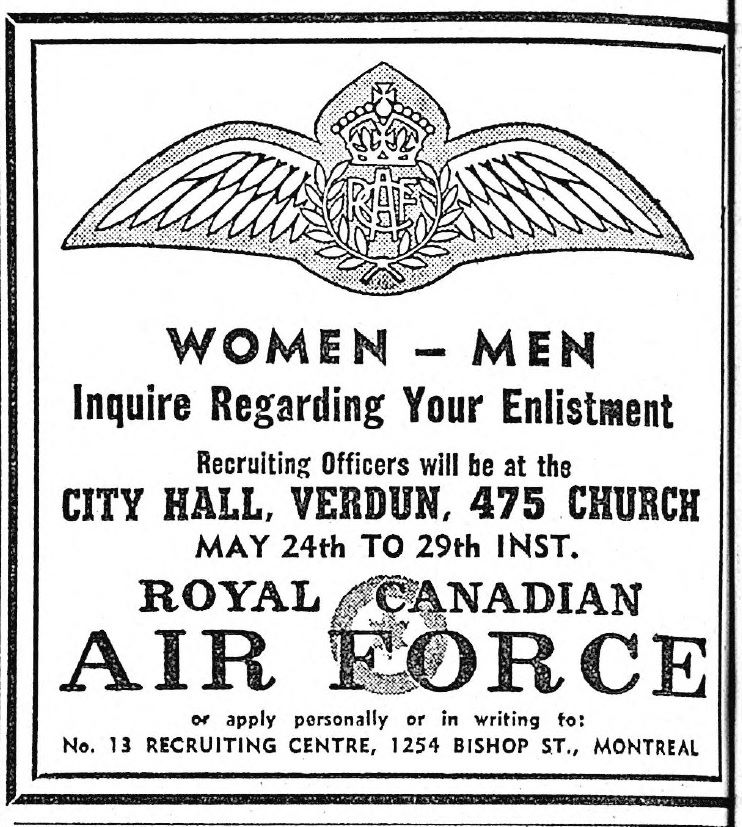 Reproduction en noir et blanc d’une courte annonce de recrutement de l’Aviation royale canadienne, incluant son emblème ( un aigle), l’adresse de son bureau à l’hôtel de ville de Verdun et les dates de convocation.  