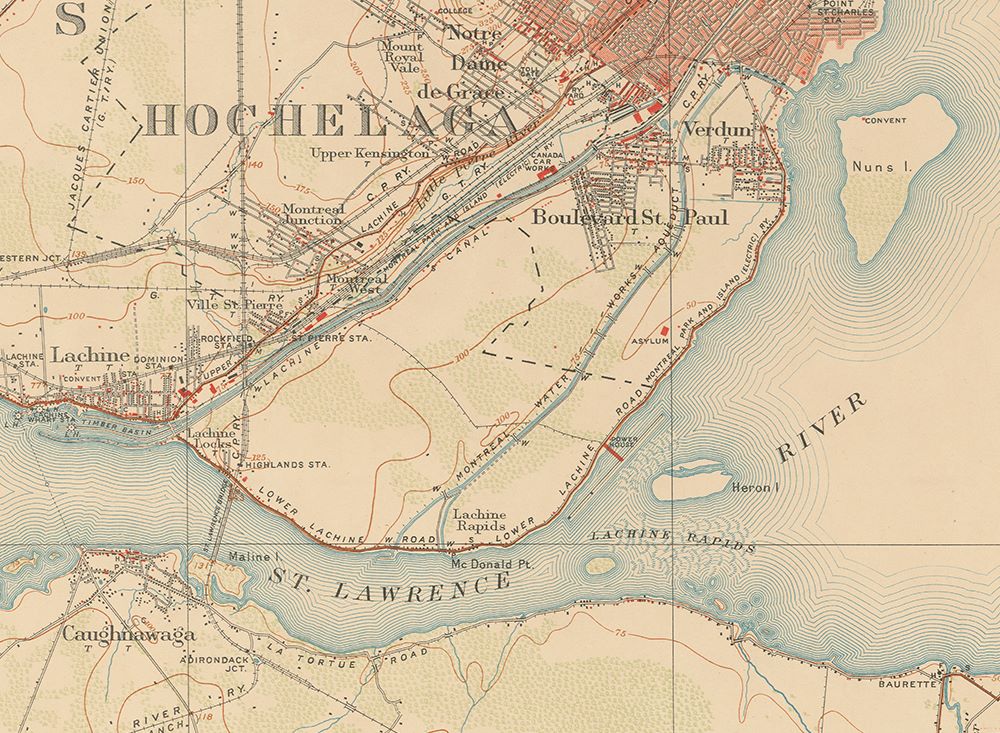 Carte topographique couleur, fond beige et écriture noire, des éléments physiques du secteur de Verdun. Fleuve Saint-Laurent et autres cours d’eau en bleu. Les secteurs plus densément peuplés, surtout à l’est, sont de couleur pêche foncé.