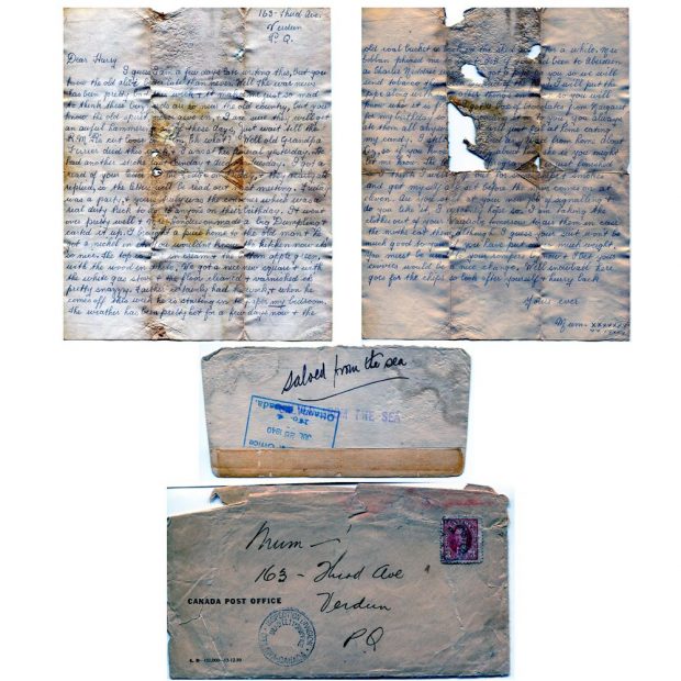 Montage d'images. Lettre de deux pages à l'encre bleue, en majorité lisible, avec le dessus et dos de son enveloppe. Le papier est froissé, jauni et déchiré par endroits. L'enveloppe, avec timbre et tampons de poste, est décolorée et froissée.