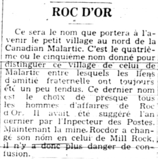Article de journal titré « Roc-d’Or » qui comporte une quinzaine de lignes.