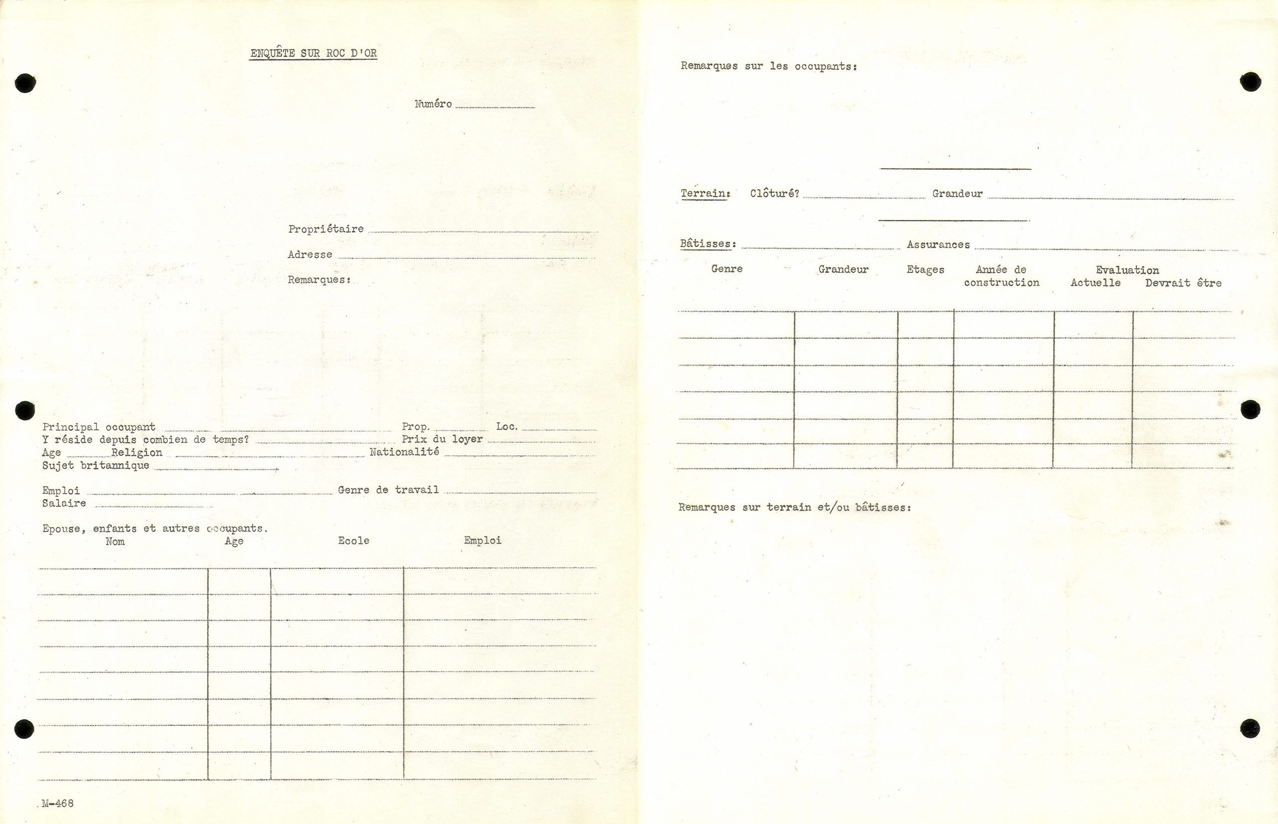 Deux pages vierges du formulaire présenté côte à côte. Titré « Enquête sur Roc-d’Or » et présentes les différentes sections portant sur le principal occupant, l’épouse, les enfants et l’évaluation du bâtiment. 