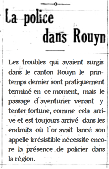 Article de journal titré « La police dans Rouyn » et contenant une dizaine de lignes. 