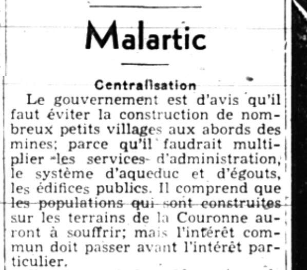 Article de journal titré « Malartic » et sous-titré « Centralisation » qui contenant une douzaine de lignes. 