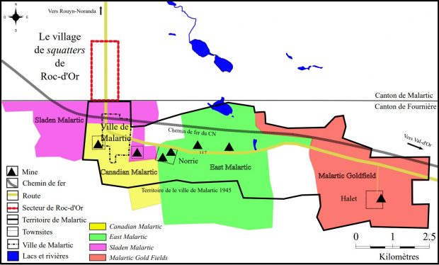 Carte en couleur du camp minier de Malartic et des alentours. La ville de Malartic est en-tourée en noir et le village de Roc-d’Or en rouge. Les terrains détenus par les mines sont de différentes couleurs et l’emplacement des chevalements est indiqué par des triangles. 