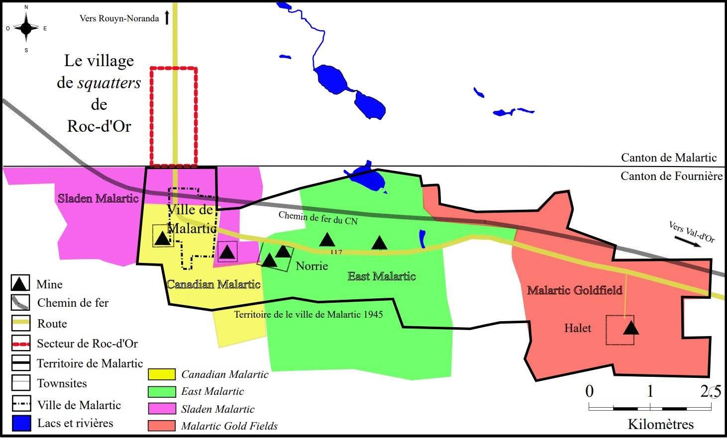 Carte en couleur du camp minier de Malartic et des alentours. La ville de Malartic est en-tourée en noir et le village de Roc-d’Or en rouge. Les terrains détenus par les mines sont de différentes couleurs et l’emplacement des chevalements est indiqué par des triangles. 