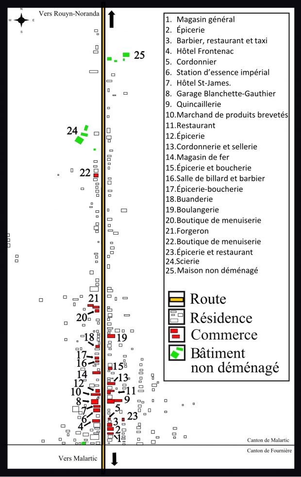 Carte en couleur du village de Roc-d’Or sur laquelle les bâtiments sont tracés. Les commerces sont en rouge et les bâtiments non déménagés en vert. Au centre, la route en noir et jaune. À droite, la légende comprenant la fonction des différents commerces identifiés par un numéro. 