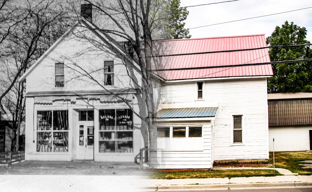 Une image montre une ancienne photo noir et blanc de la moitié d’un magasin qui se fond dans une photo couleur contemporaine de l’autre moitié de la même bâtisse.