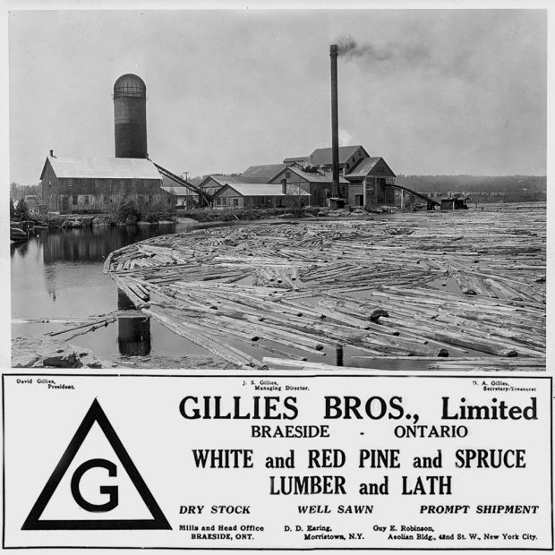 Photo de la nouvelle scierie Gillies vue de la rivière, au-dessus d’une annonce de l’entreprise.